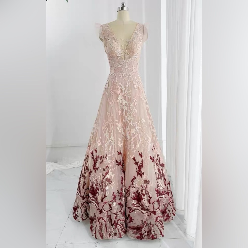 Gown size M(6) Light pink fairy see-through deep V-neck slim A-line dress